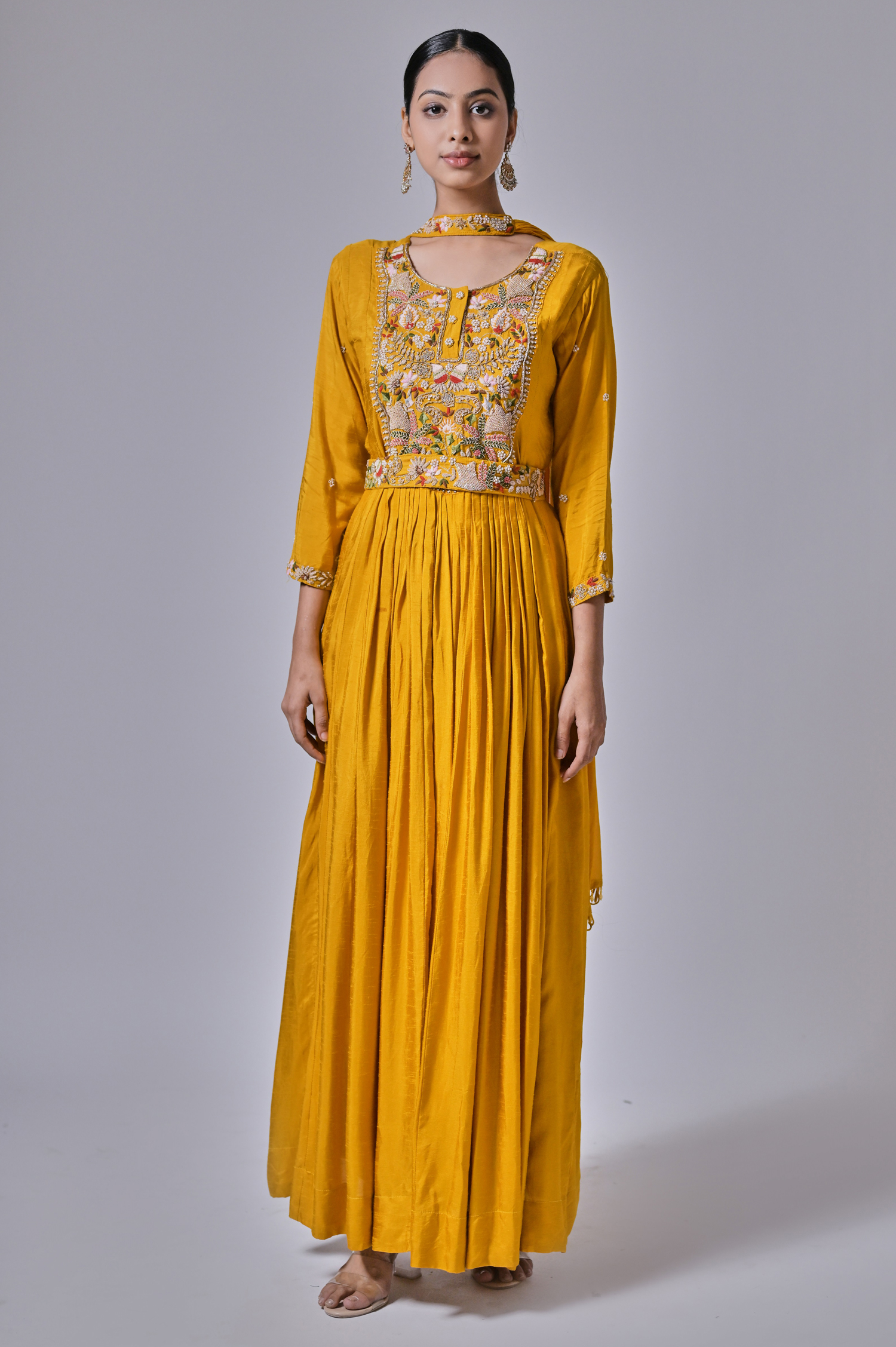 Yellow Dola Silk Slub Hand Embroidered Anarkali Suit 
